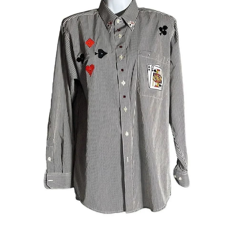 Get Lucky Womens Button Down Shirt Striped Small Embroidered Cards Black Small